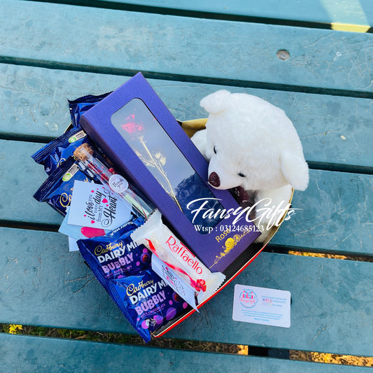 Surprise Chocolate Heart with Teddy Bear, Chocolates, Metal Flower & Cards