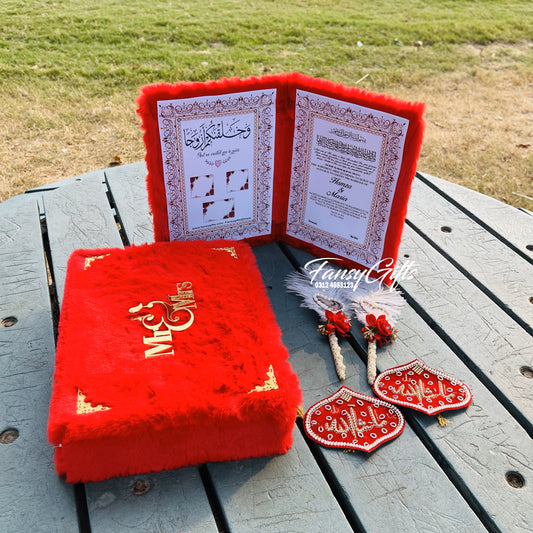 Fluffy Nikah Booklet with 2 Pens, Imam Zamin & Fluffy Box with Couple Names
