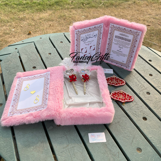 Fluffy Nikah Booklet with 2 Pens, Imam Zamin & Fluffy Box with Couple Names