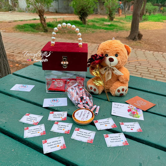 Luxury Transparent Carry Box - Teddy, Metal Flower, Chocolates & Jar