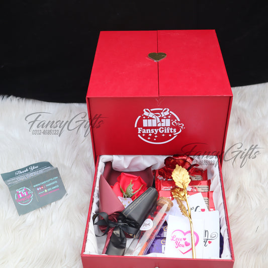 Luxury Heart Drawer Popup Box with PE Roses, Chocolates & Preserved Flower Jar