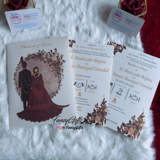 Fansy Floral Printing Card – 3 Events with Beautiful Envelope & Customized Bride and Groom