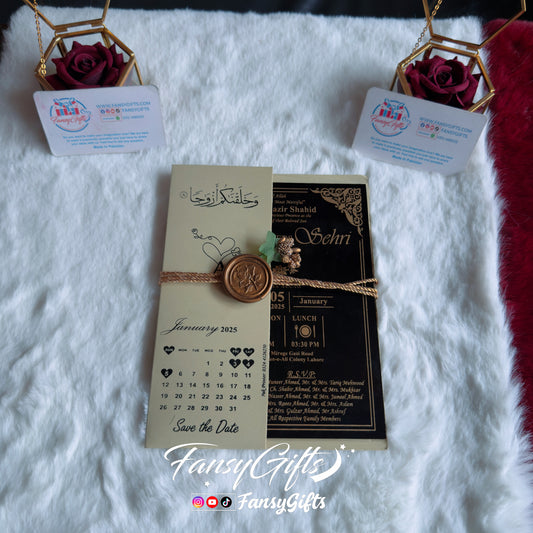3-Event Wedding Card Set | Luxury Box with Couple Name | Calendar Heart & Wax Rose Design