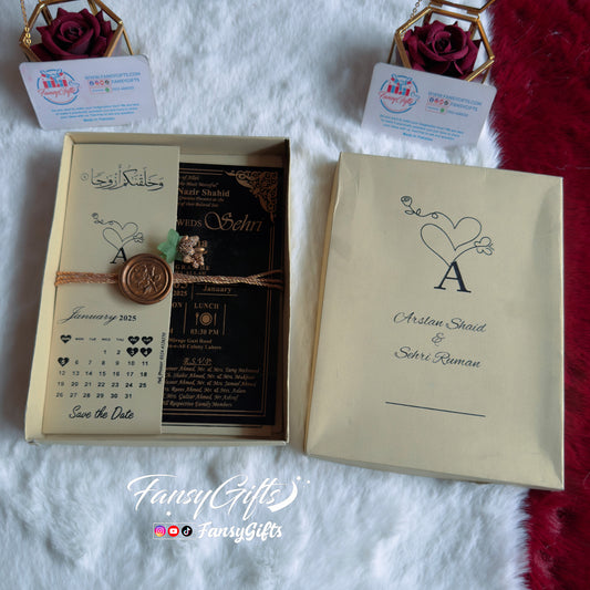 3-Event Wedding Card Set | Luxury Box with Couple Name | Calendar Heart & Wax Rose Design