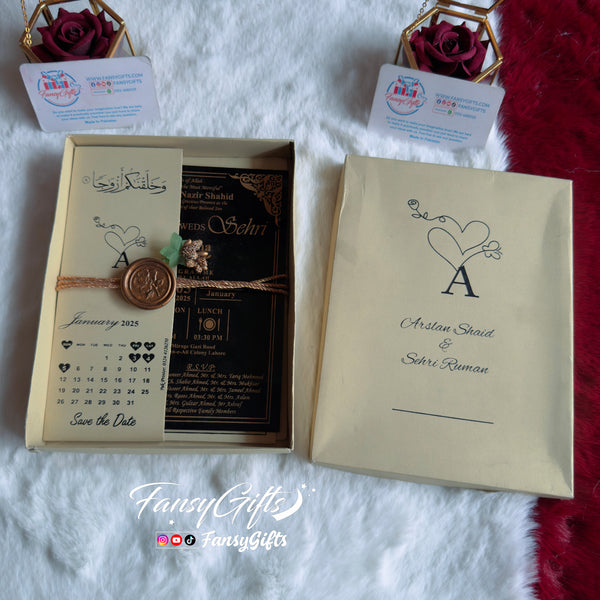 3-Event Wedding Card Set | Luxury Box with Couple Name | Calendar Heart & Wax Rose Design