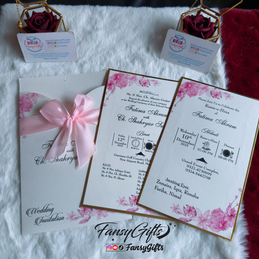 Pink Ribbon Bow Envelope with Left-Right Cut & Floral Desig | Fansy Wedding Card