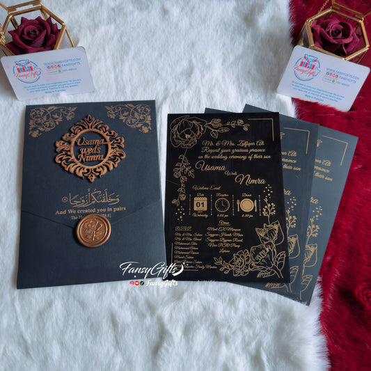 Fansy 3-Event Wedding Card Set | Wooden Monogram & Black Gold Floral Envelope