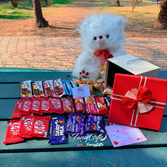 Fluffy Big Size Teddy with Metal Flower & Premium Chocolates Box