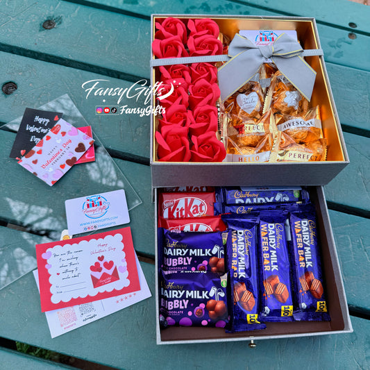 Premium Surprise Box with Chocolates, Cards and Fragrance Roses