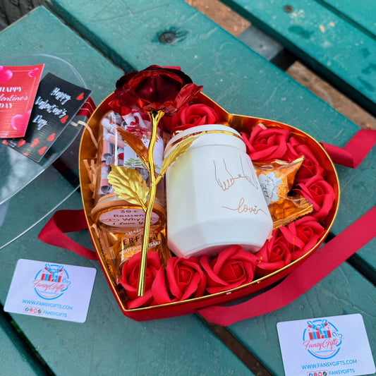 Valentine's Day Surprise Heart Gift Set - Fragrance Rose, Mug & Metal Flower