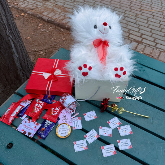Big Surprise Box - Teddy, Hanging Chocolate, Metal Flower, Card & Love Jar