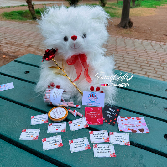 Valentine Deal - Fluffy Teddy with Metal Flower & Surprise Box